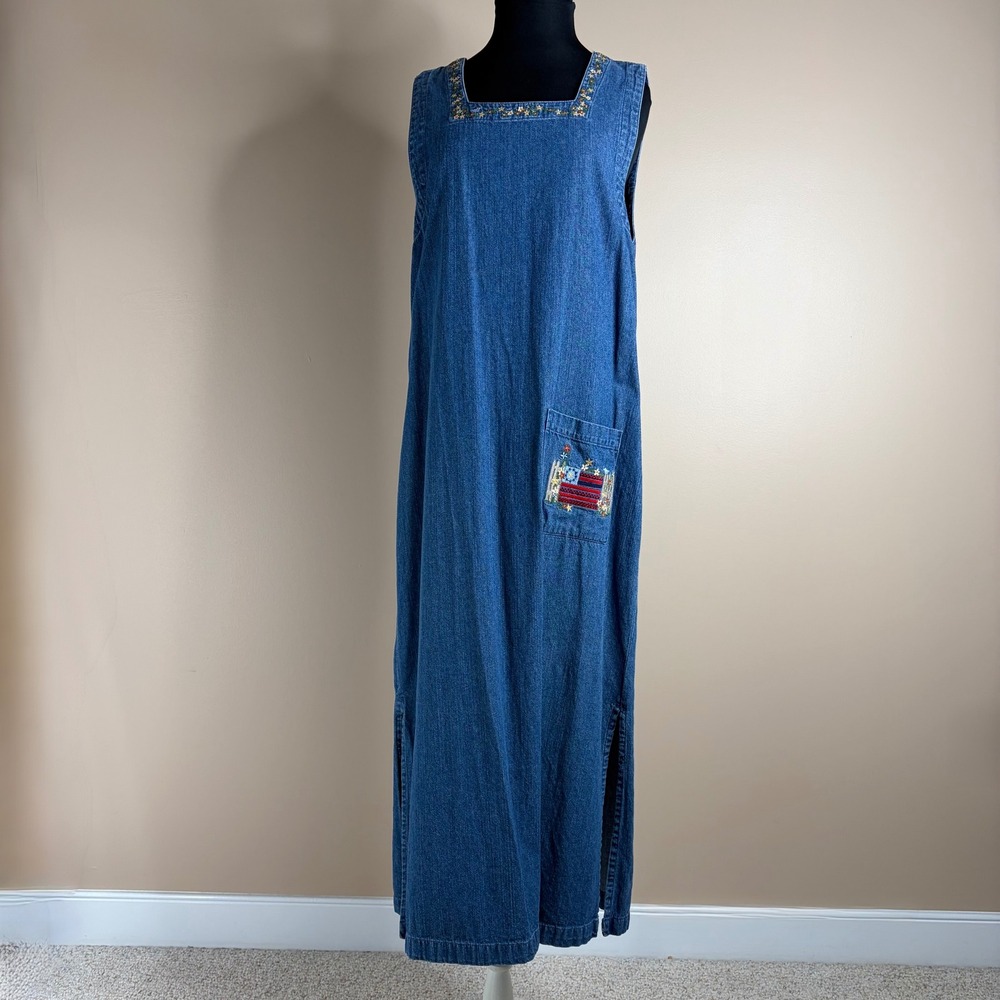 Christopher & Banks Denim Jumper Dress Womens Medium Vintage Embroidered Maxi